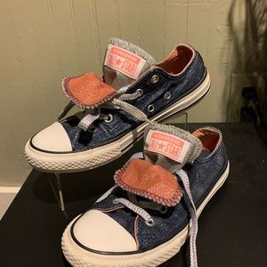 Converse Sneakers Denim Sparkle Double Tongue Pink & Silver Junior Size 2 - EUC